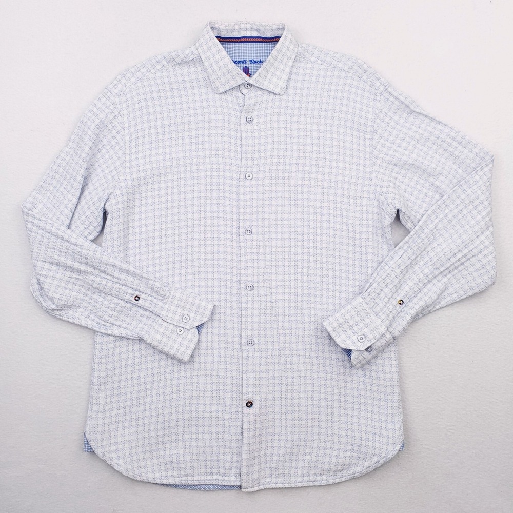 Luchiano Visconti Black Shirt Mens Medium Blue White Check Cross Weave Mitered